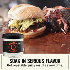 Kosmos Q injection being applied with a syringe into brisket demonstrating even internal seasoning