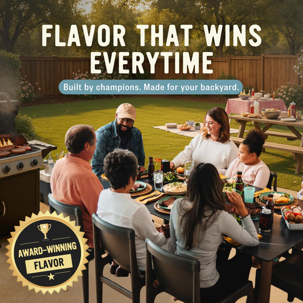 Home grilling scene with Kosmos Q bottle on table conveying backyard-cook-friendly performance