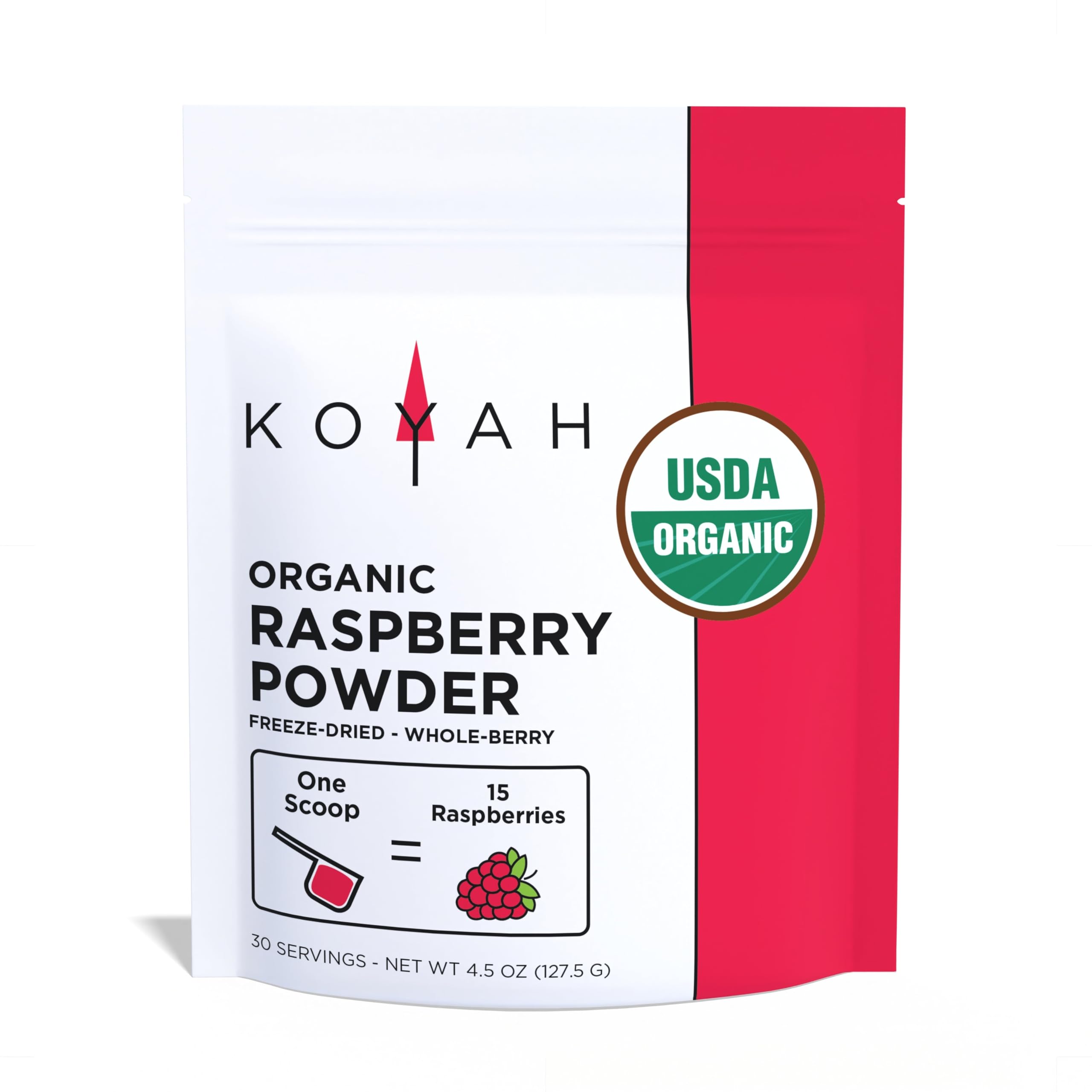 KOYAH front packaging showing organic raspberry powder and serving count