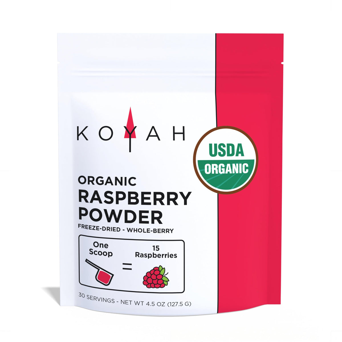 KOYAH front packaging showing organic raspberry powder and serving count