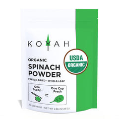 KOYAH front packaging showing organic freeze-dried spinach powder, clear benefit fresh color