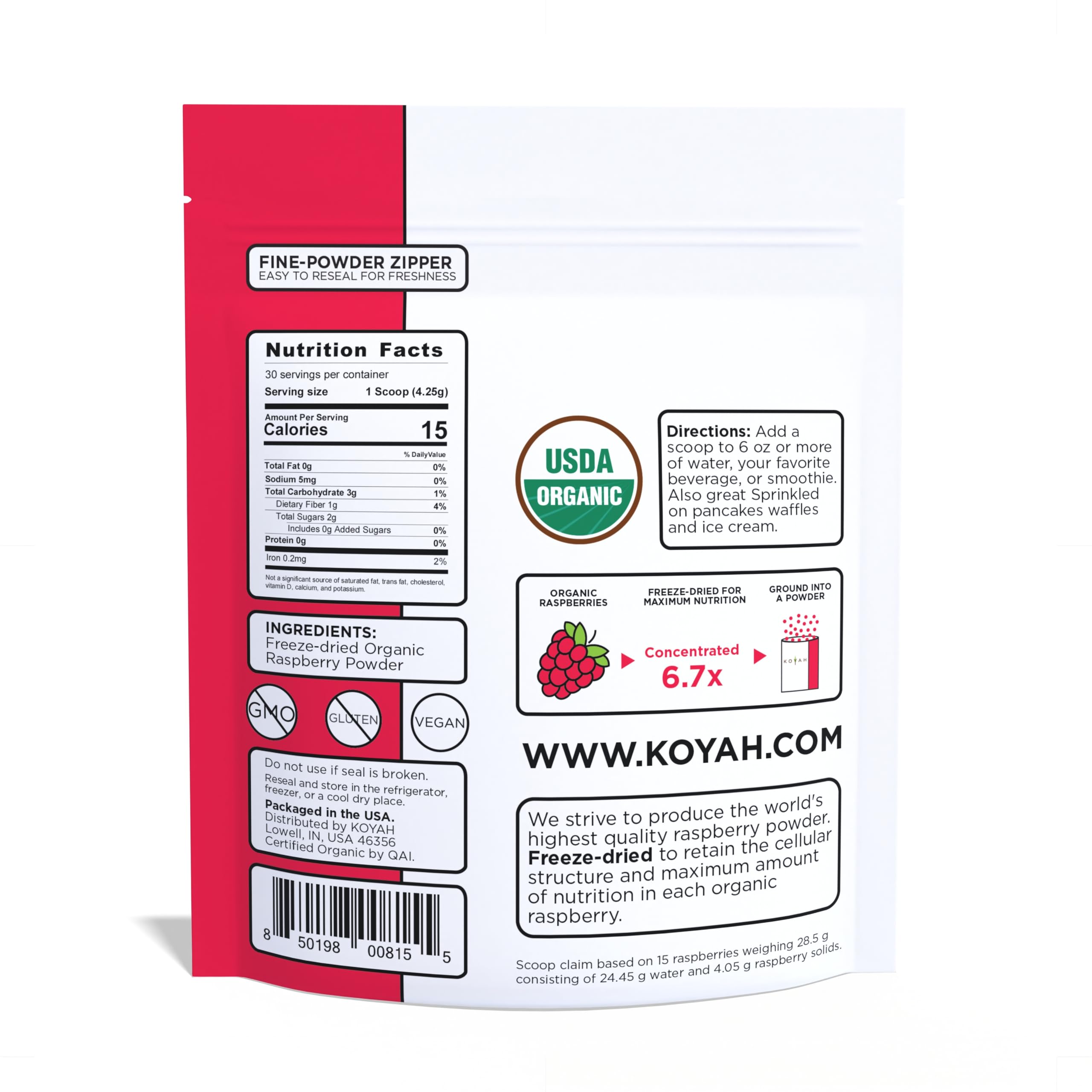 KOYAH open pouch with spoonful of powder illustrating easy scooping