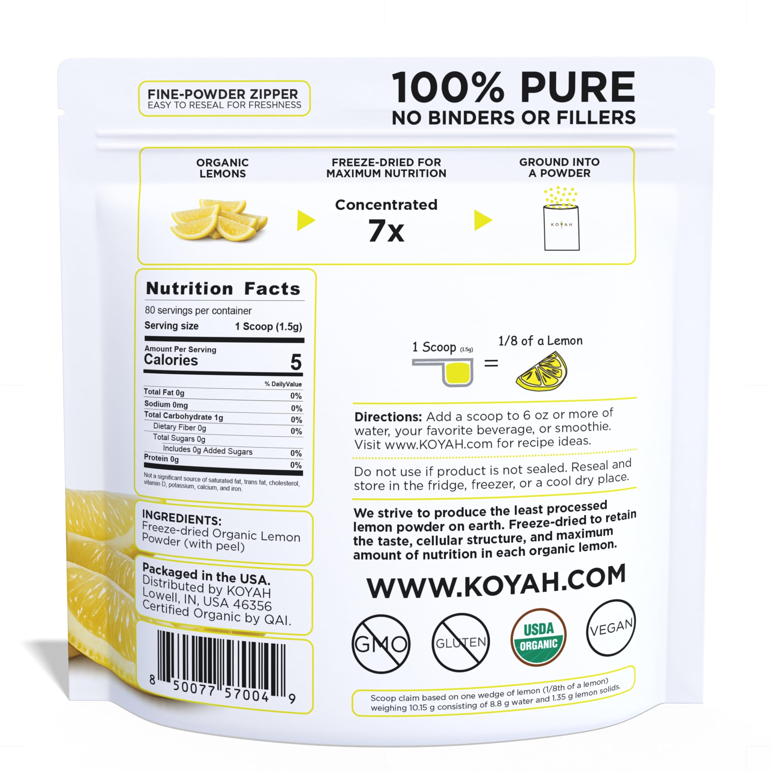 KOYAH powdered lemon measured on scoop showing one-scoop serving equivalence