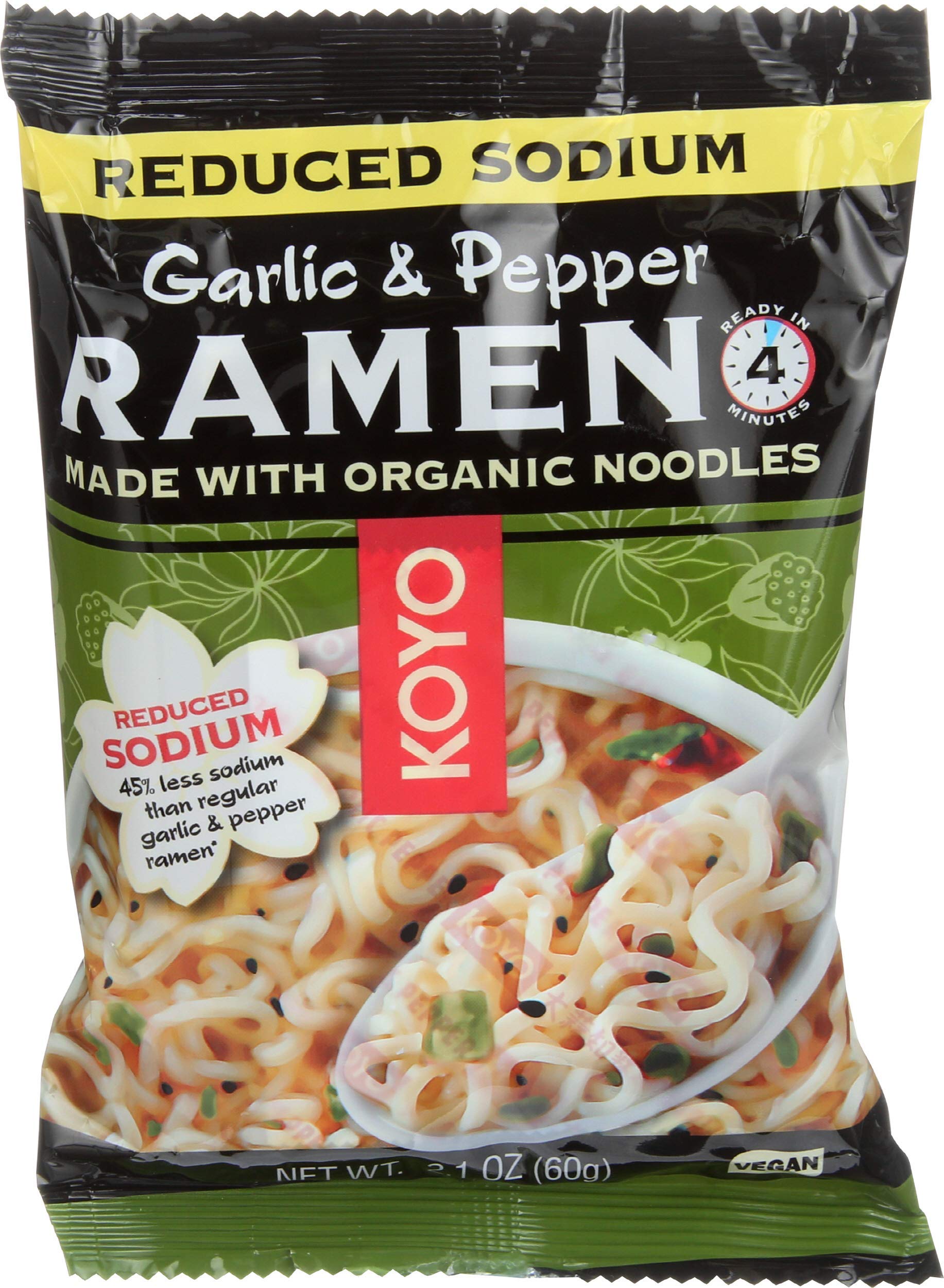 Koyo front packaging showing garlic pepper ramen and clean-ingredient benefits