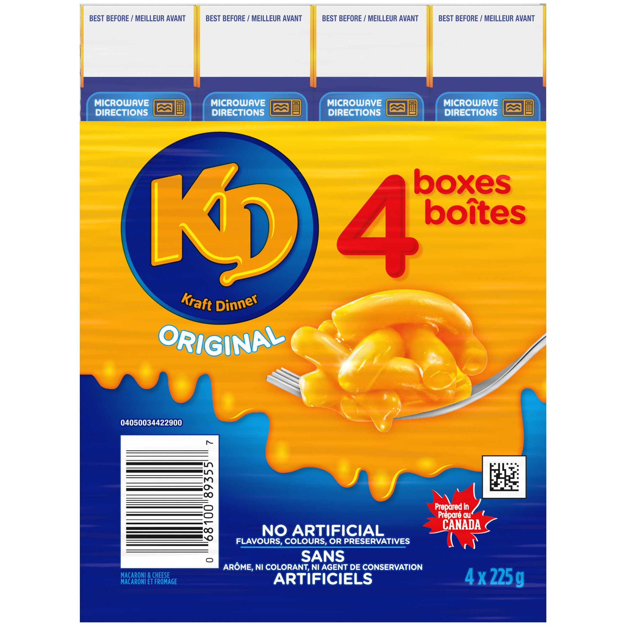 Kraft Dinner box beside hands for scale showing compact size and pantry-ready benefit