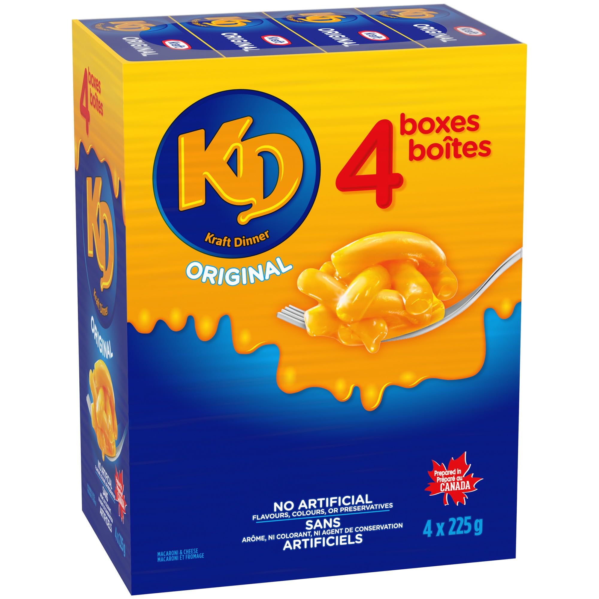 Kraft Dinner four-pack stacked showing multiple servings and meal-planning benefit