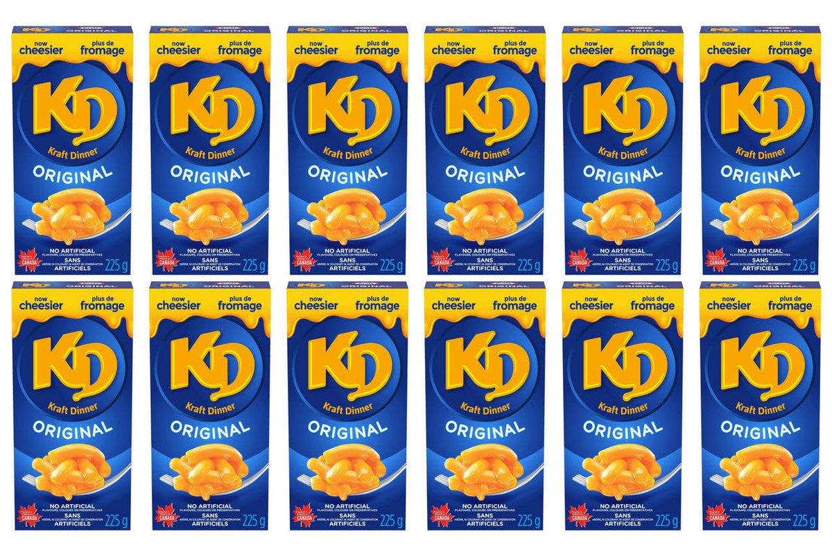Kraft Dinner front packaging showing iconic blue box and product benefits