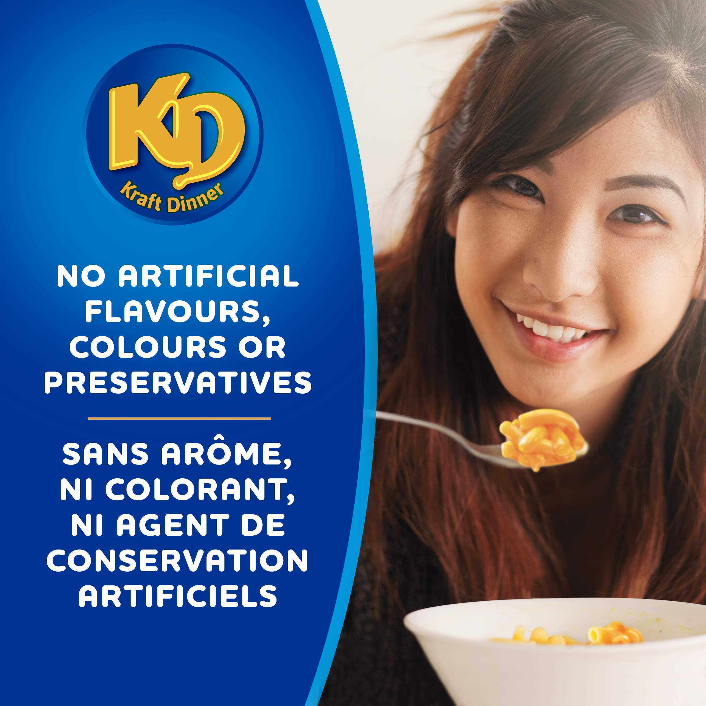 Kraft Dinner open box with cheese powder pouch highlighting easy preparation benefit