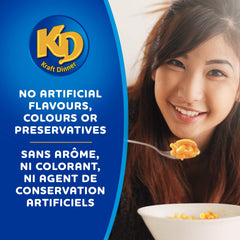 Kraft Dinner open box with cheese powder pouch highlighting easy preparation benefit