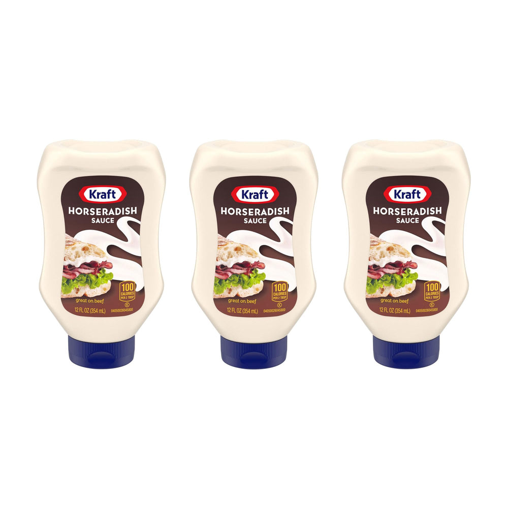 Kraft horseradish sauce front packaging shows squeeze bottle for easy application