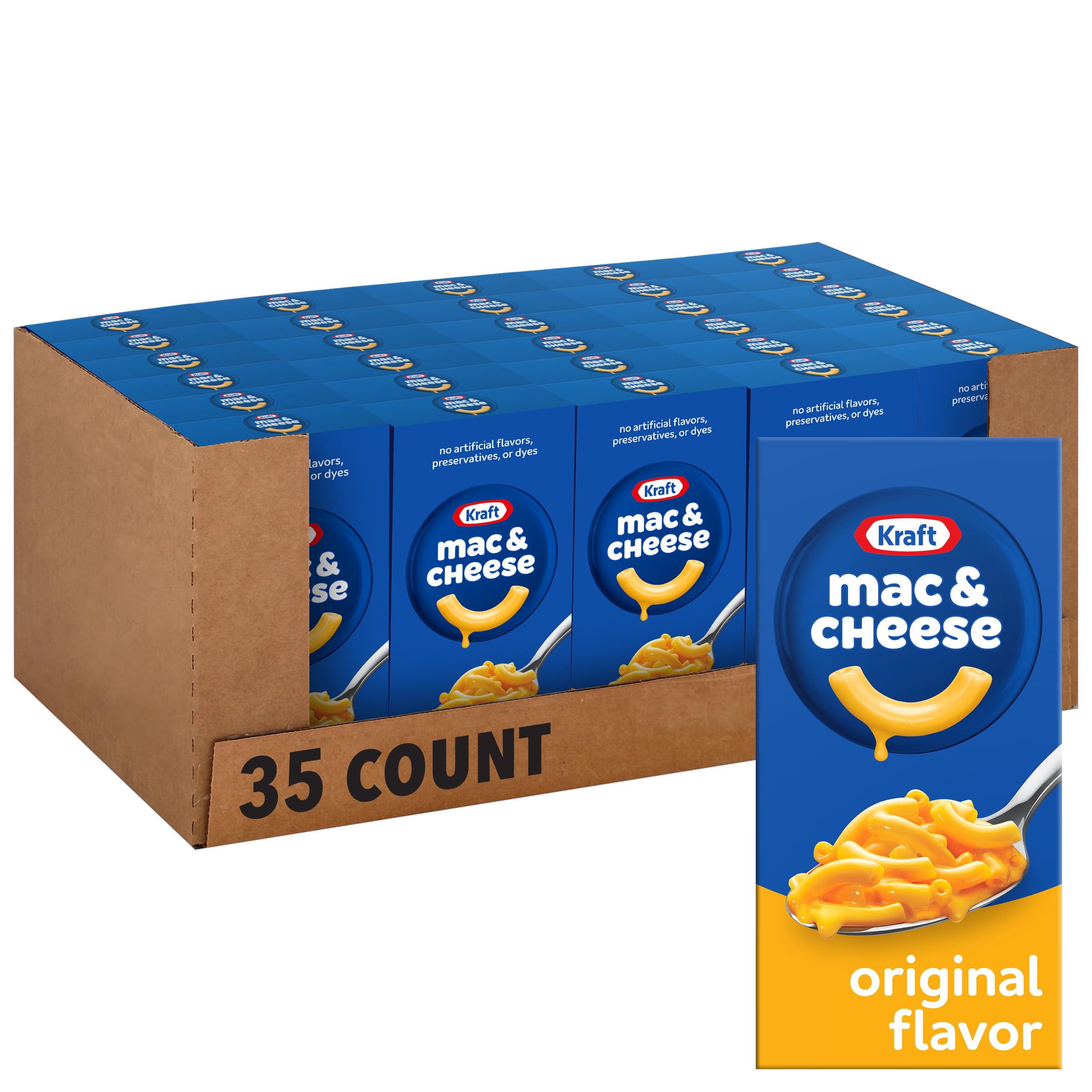 Kraft Mac & Cheese front of box showing Blue Box branding and contents benefit of easy meals