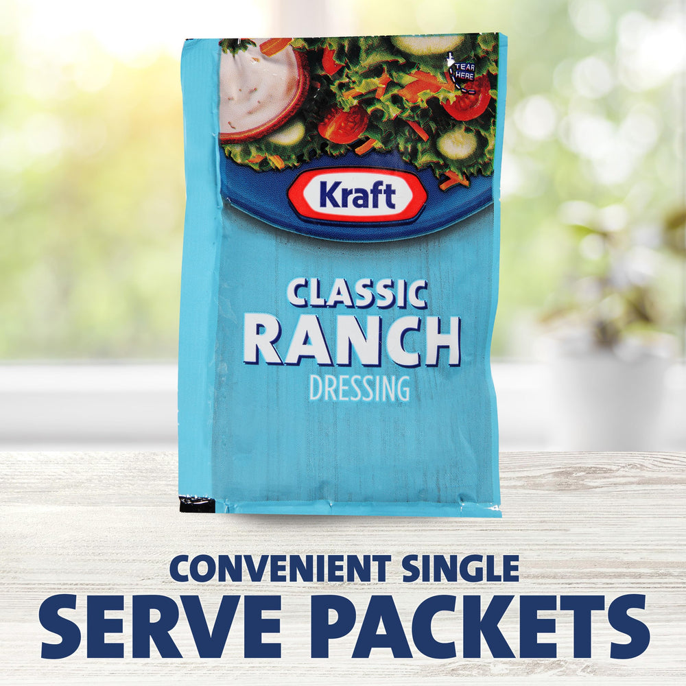 Hand holding a Kraft ranch 1.5 oz packet illustrating size and easy use