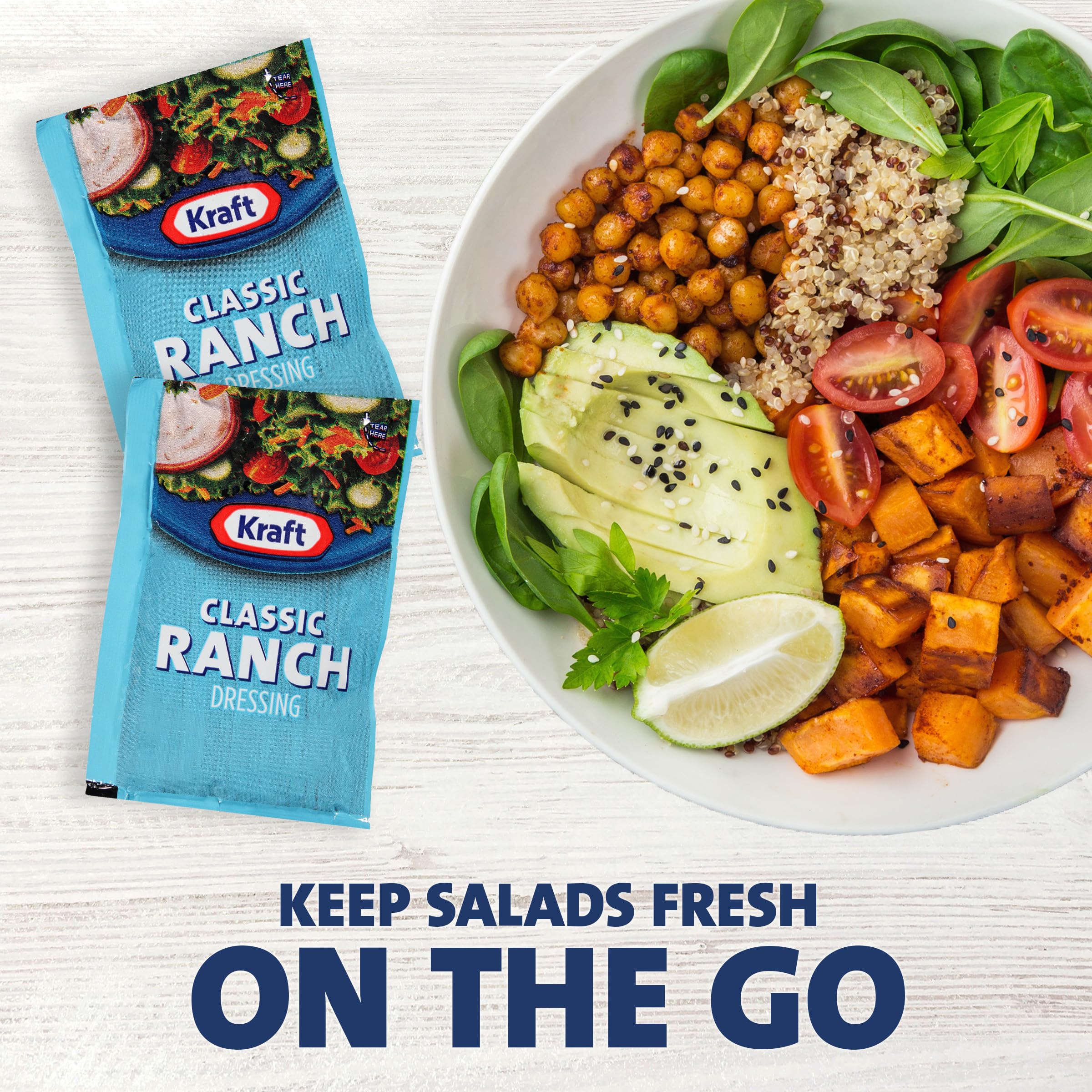 Array of Kraft ranch packets laid out highlighting portion control and organization