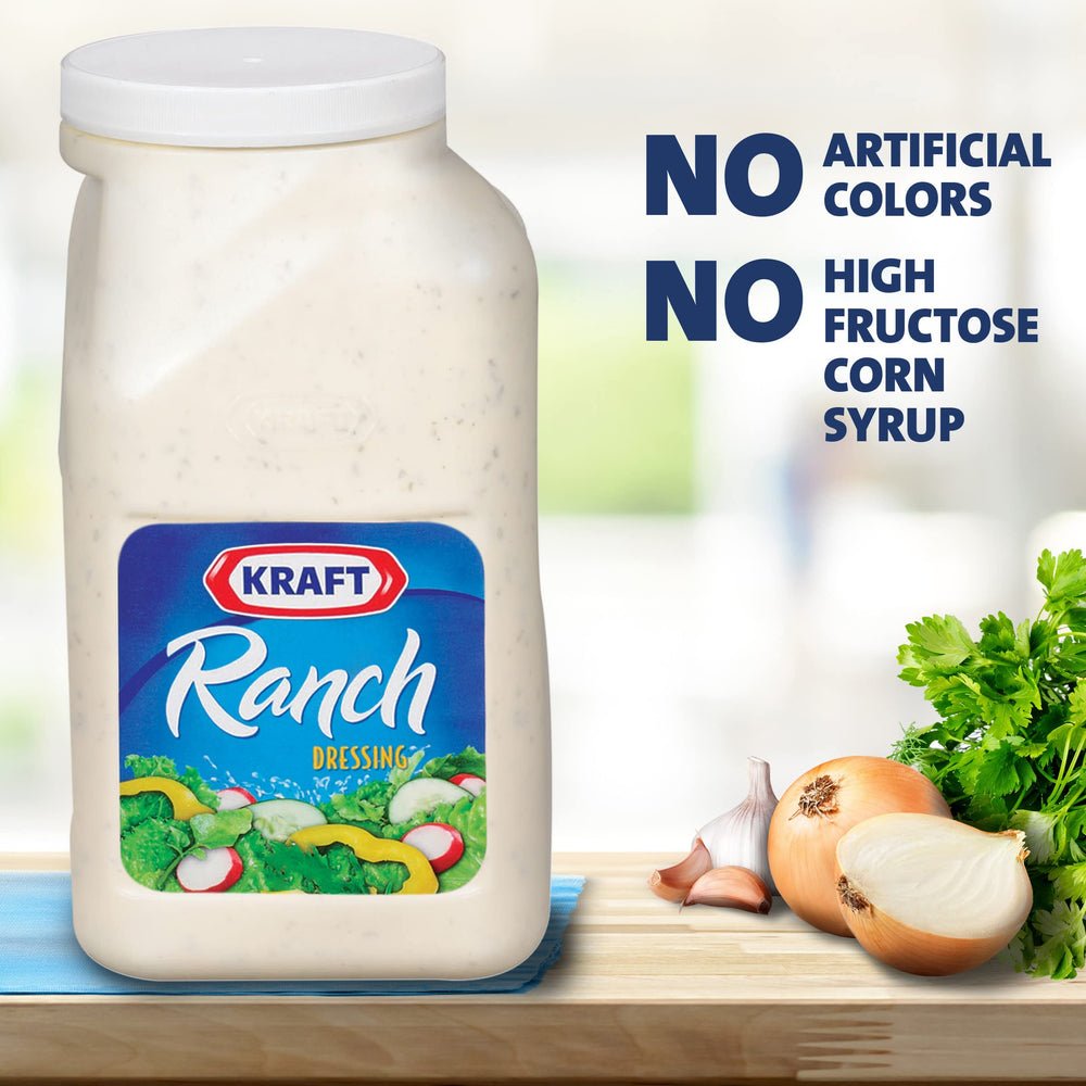 Kraft Ranch pouring from jug into a ramekin demonstrating easy-pour handle and controlled flow