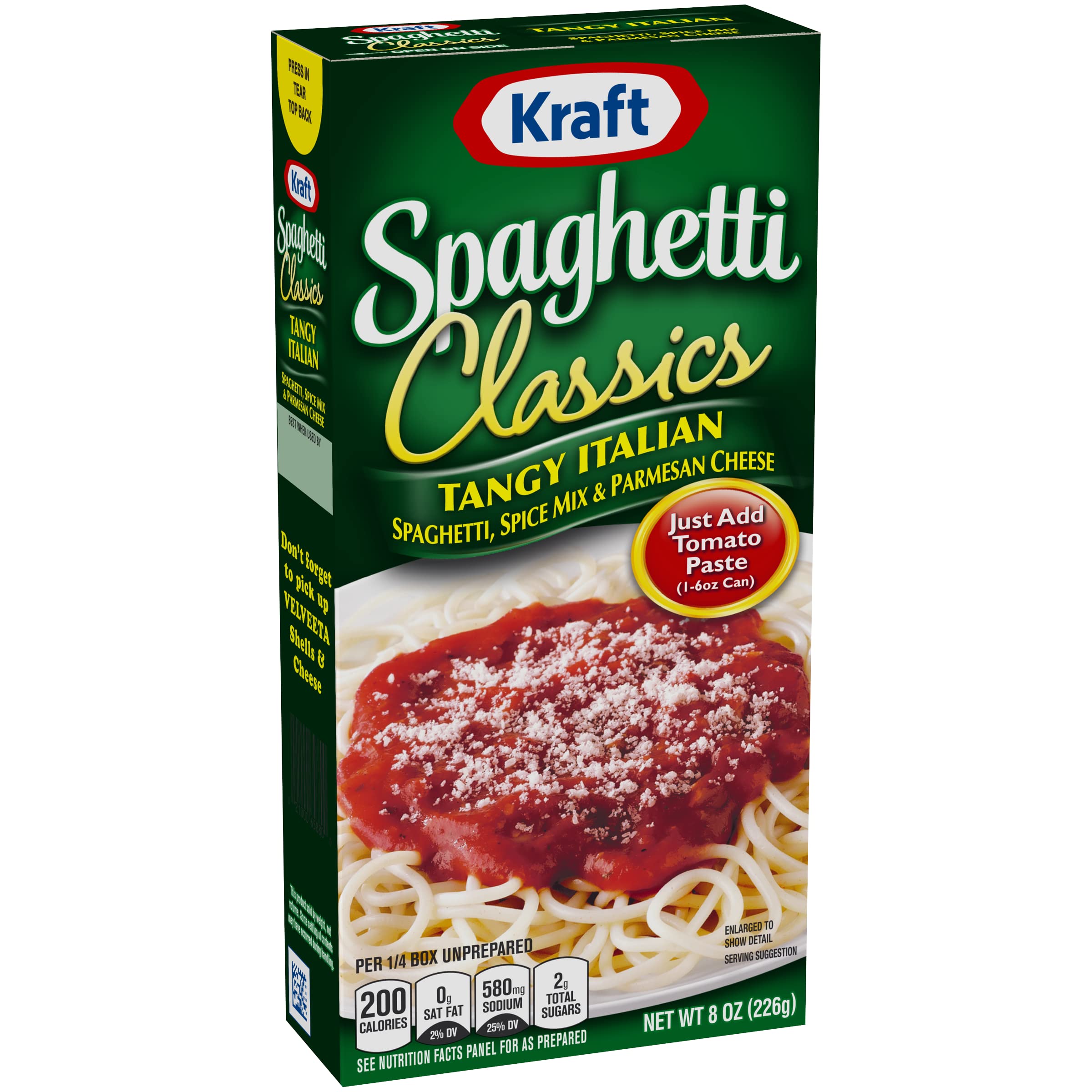 Kraft open box revealing spaghetti, spice packet and parmesan for easy cooking