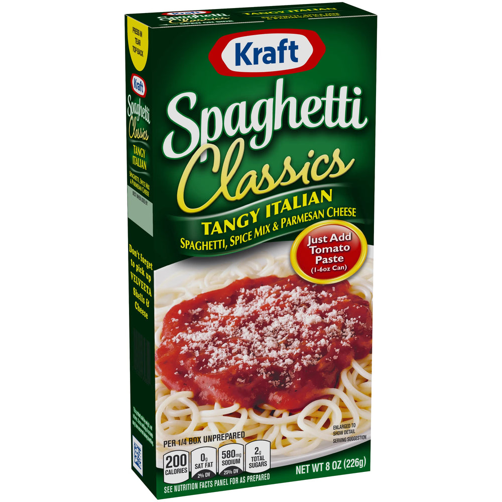 Kraft open box revealing spaghetti, spice packet and parmesan for easy cooking