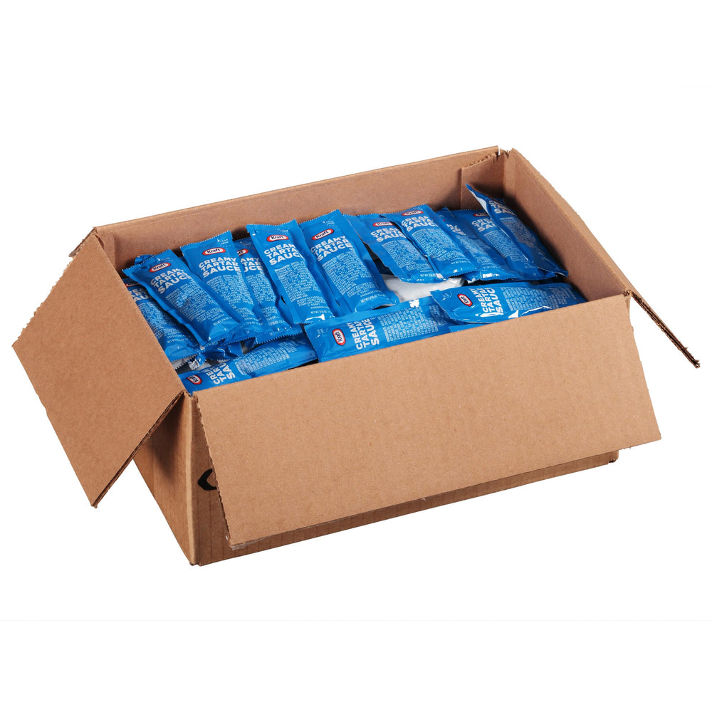Stacked case of Kraft tartar sauce packets displaying bulk packaging advantage