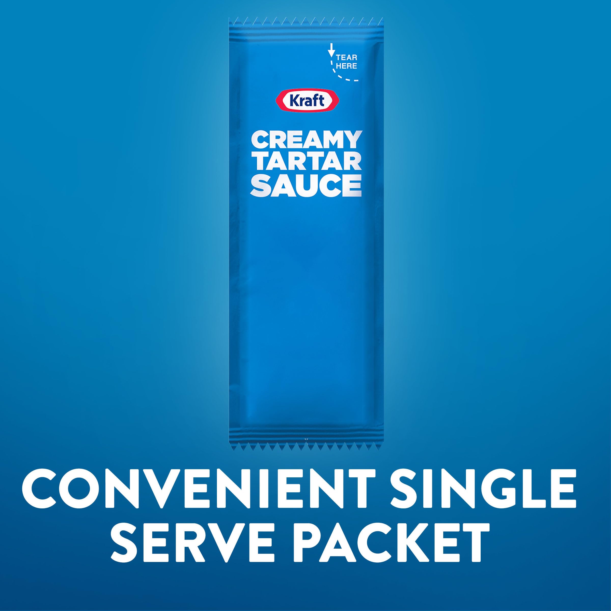 Kraft tartar sauce pouring from packet onto fish, highlighting fast portioning benefit