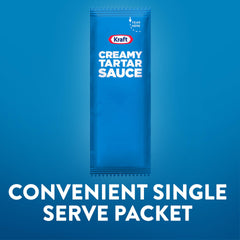 Kraft tartar sauce pouring from packet onto fish, highlighting fast portioning benefit
