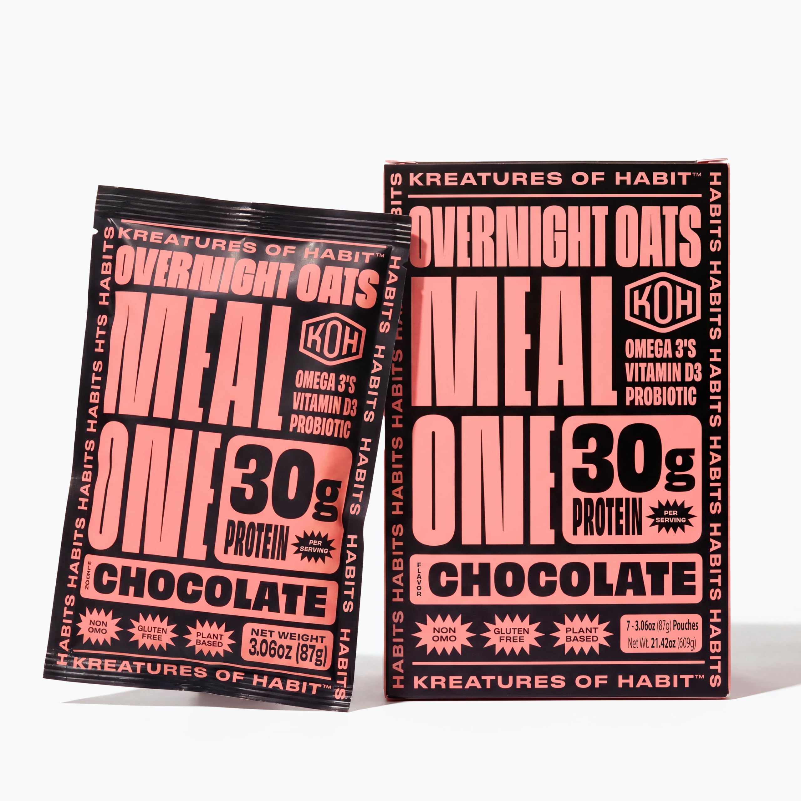 Kreatures of Habit front packaging showing chocolate overnight oats and convenience