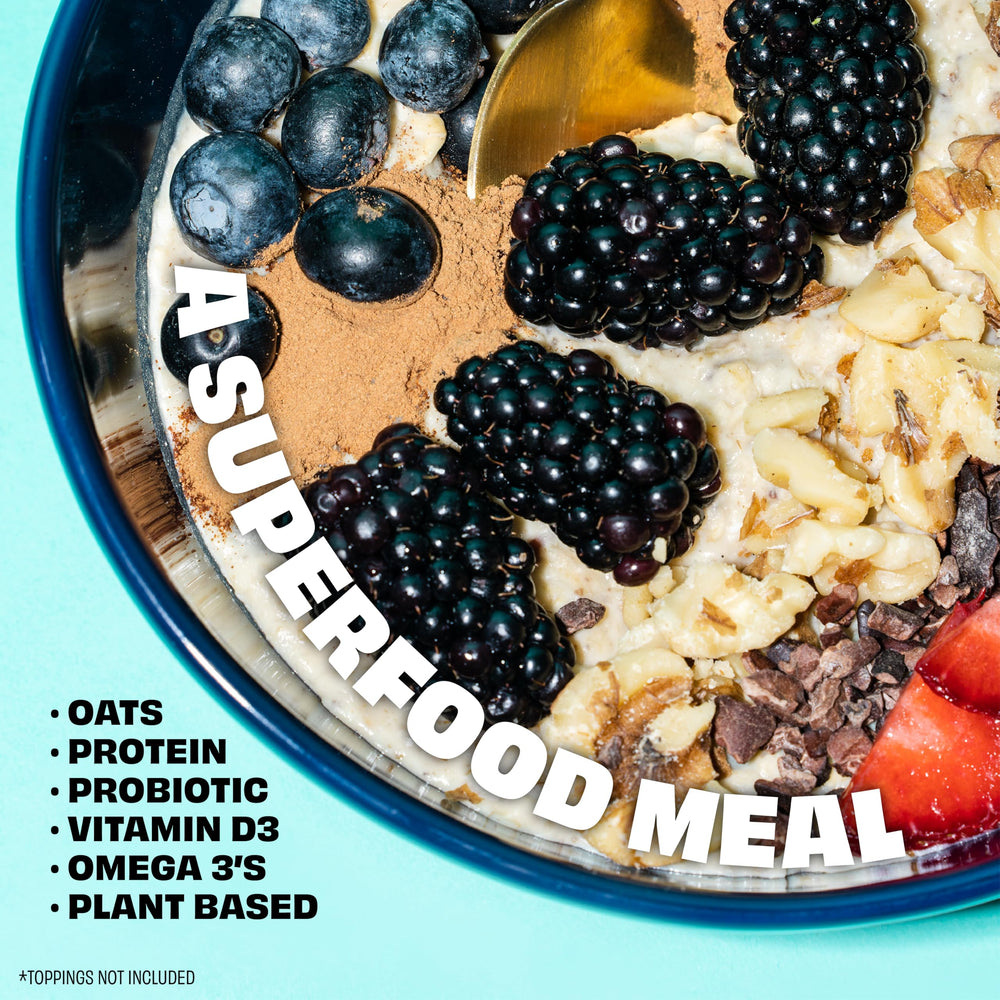 Kreatures of Habit prepared cold overnight oats in bowl with fruit showing ready-to-eat convenience