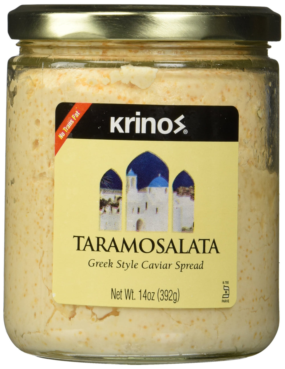 Krinos taramosalata jar front view showing label and 14-ounce size for easy serving