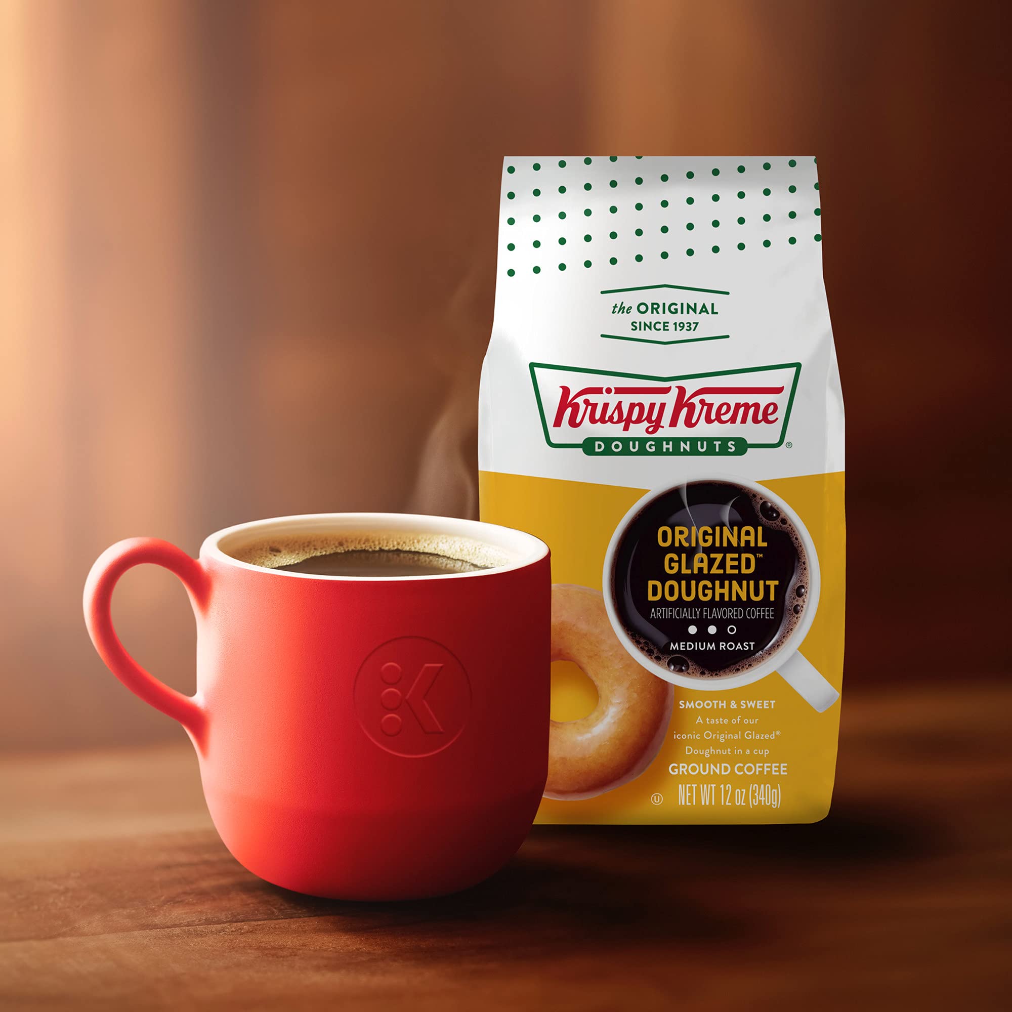 Krispy Kreme bag next to everyday items to display 12 oz scale and convenience