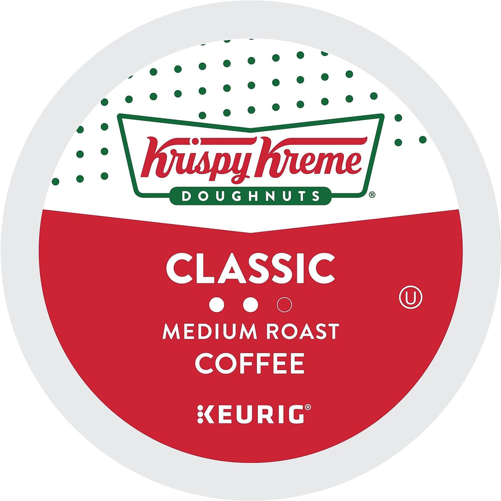 Krispy Kreme brewed cup top view showing medium roast crema and bright flavor benefit