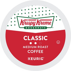 Krispy Kreme brewed cup top view showing medium roast crema and bright flavor benefit