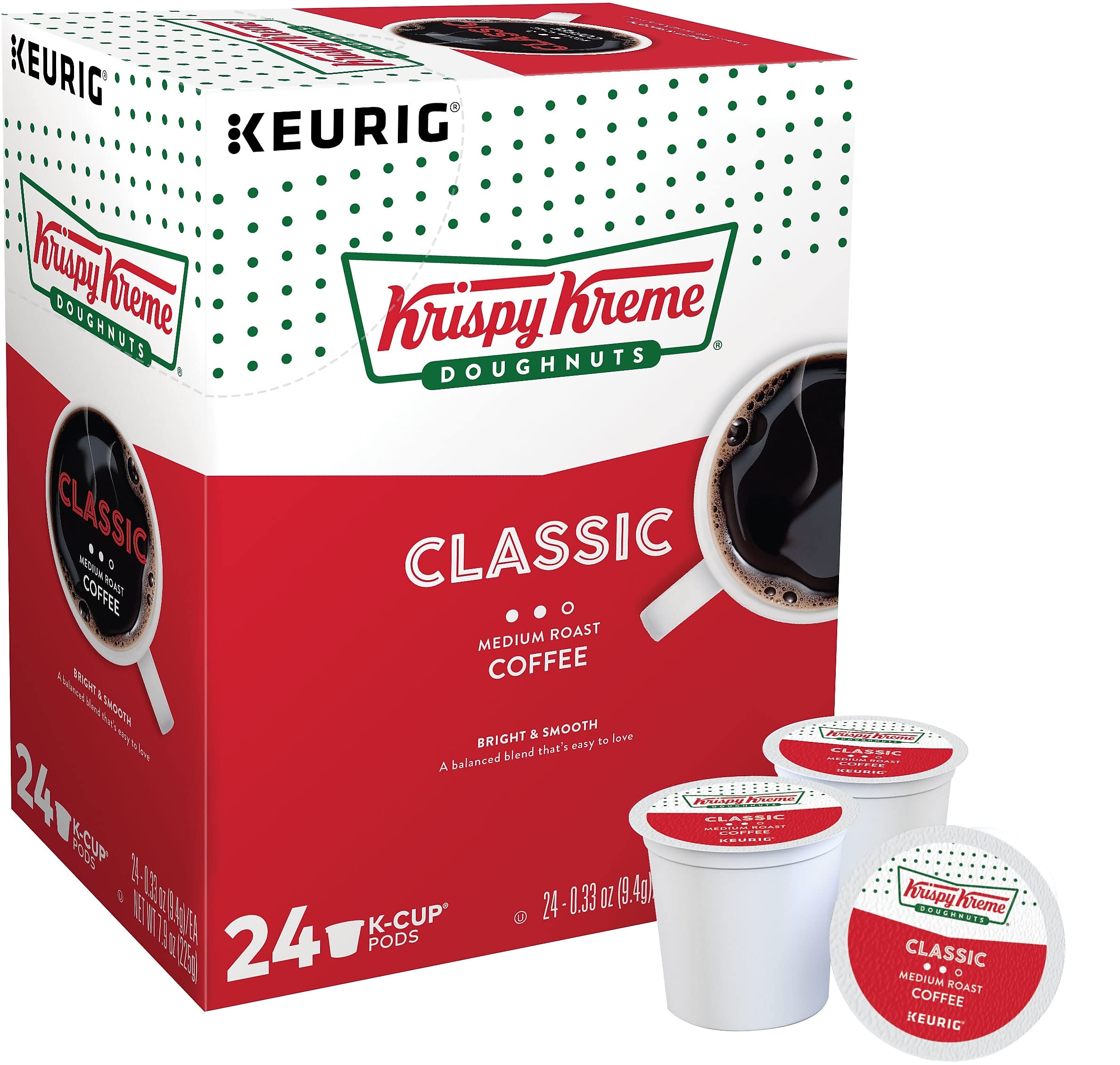 Krispy Kreme front packaging showing 24 count and medium roast benefit convenience