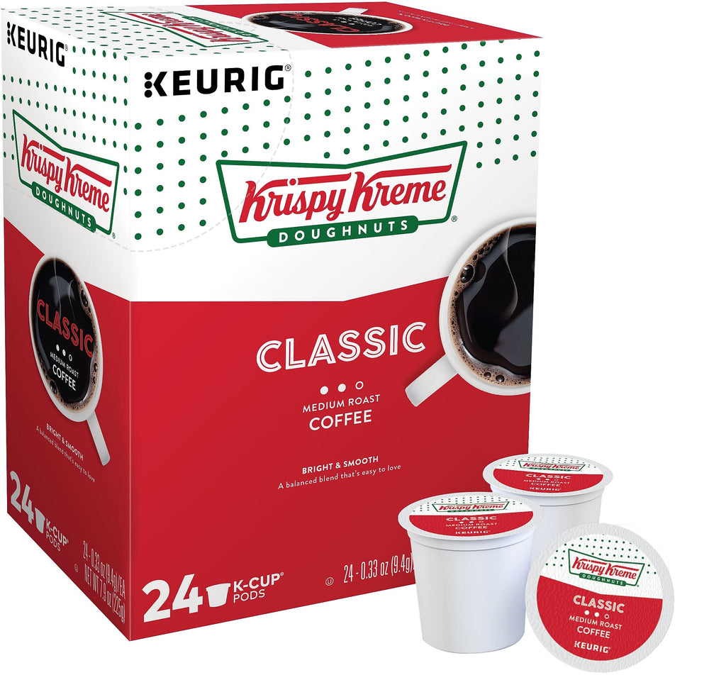 Krispy Kreme front packaging showing 24 count and medium roast benefit convenience