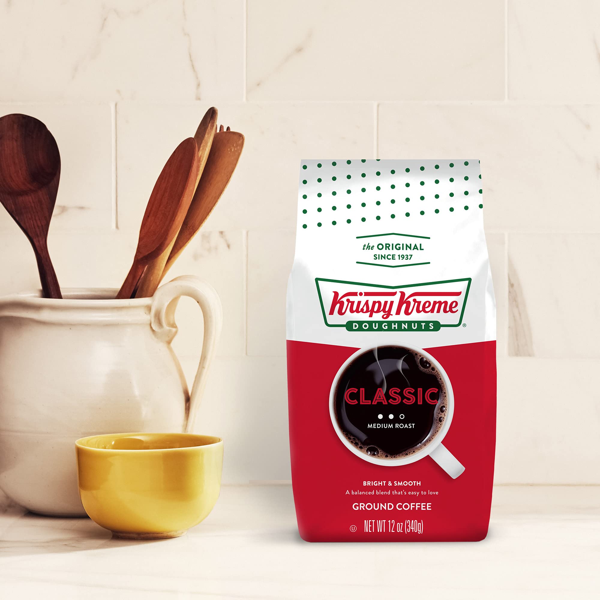 krispy kreme coffee cup beside glazed doughnut pairing for balanced taste