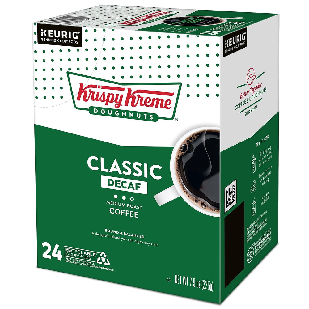 Krispy Kreme freshly brewed decaf cup top view emphasizing balanced flavor