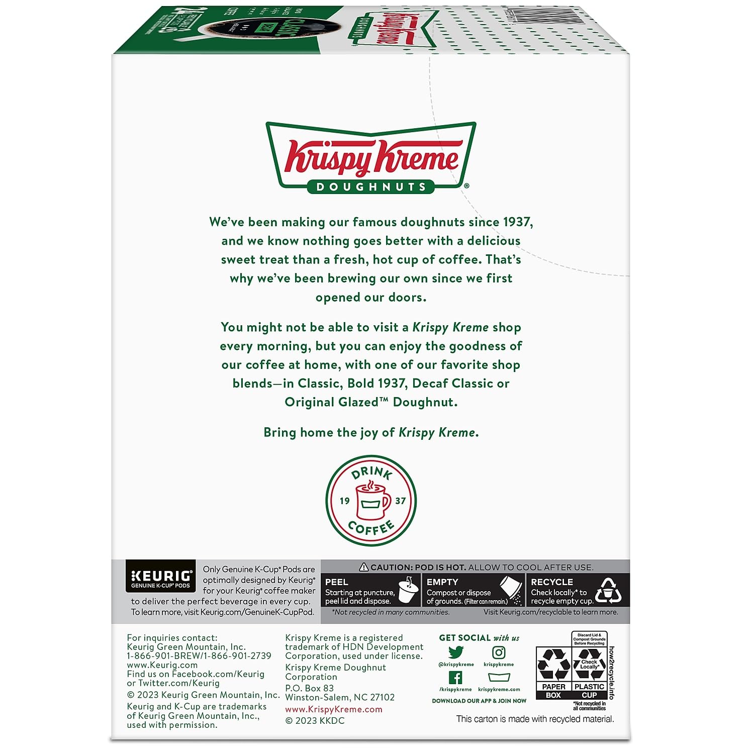 Krispy Kreme label detail showing medium roast and Orthodox Union Kosher info