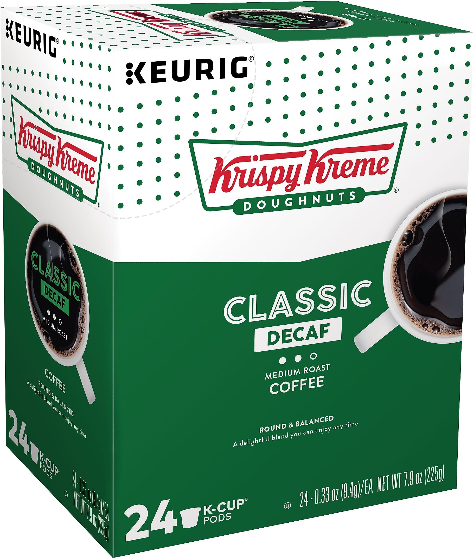 Krispy Kreme close-up of a decaf K-Cup pod highlighting airtight freshness