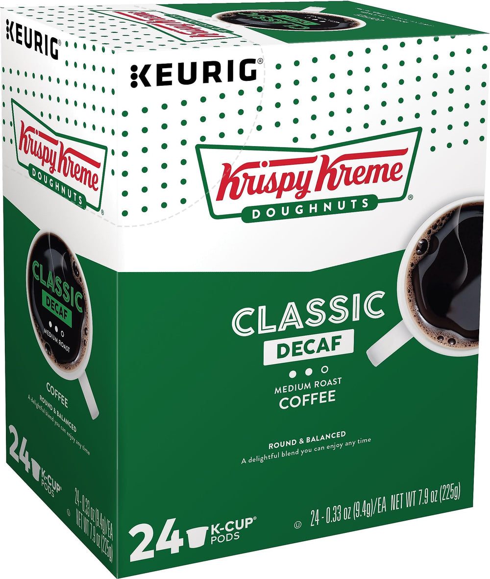 Krispy Kreme close-up of a decaf K-Cup pod highlighting airtight freshness