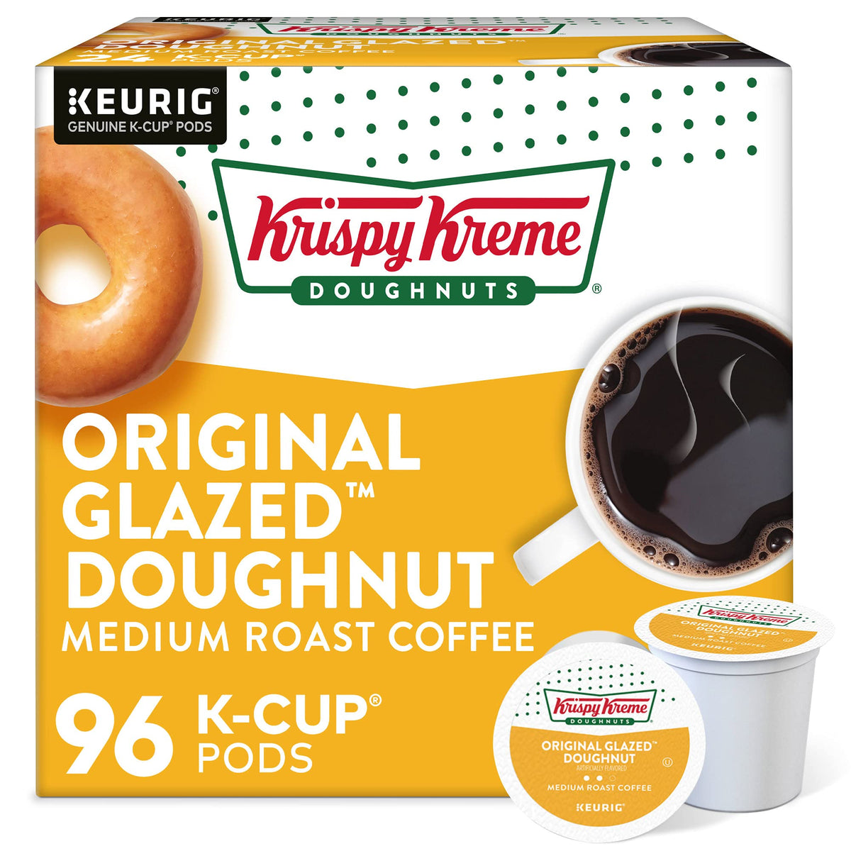 Krispy Kreme front packaging showing 96-count and easy supply benefit