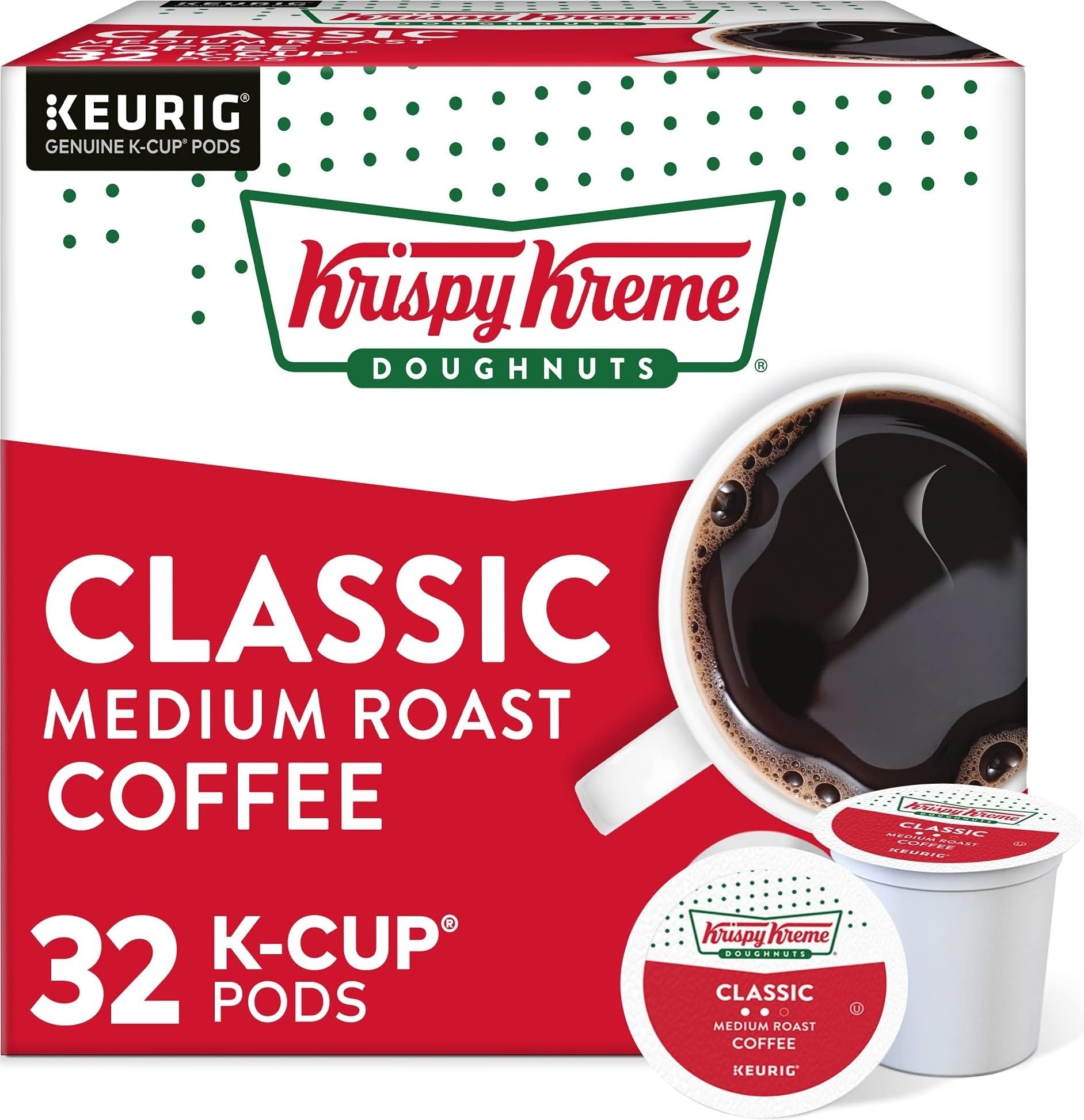 Krispy Kreme front packaging showing 32-count pods and convenience benefit
