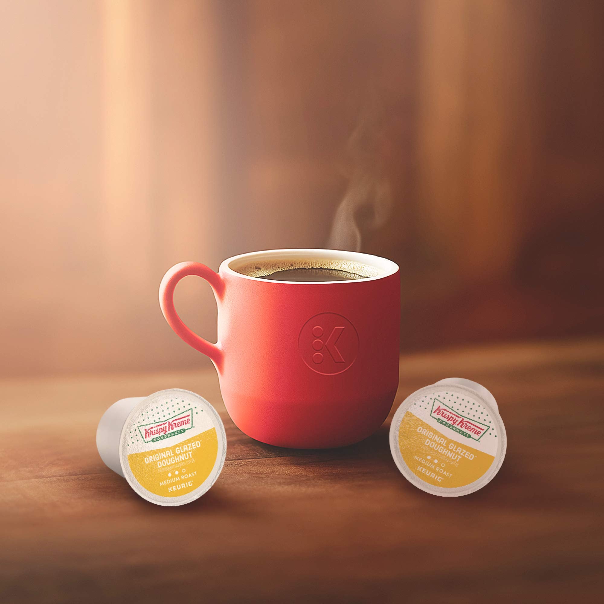 Krispy Kreme mug on a kitchen counter at sunrise, quick convenient morning routine