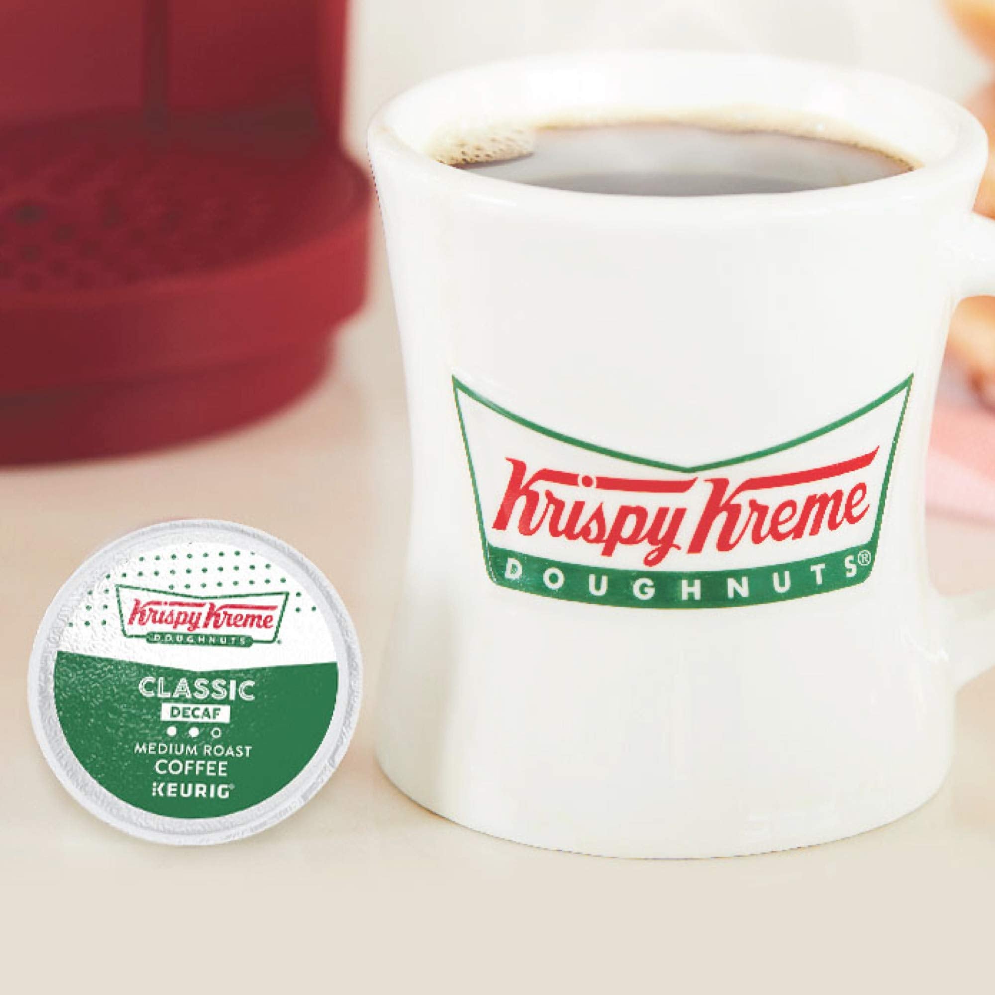 Office breakroom table with Krispy Kreme pods showing workplace convenience benefit