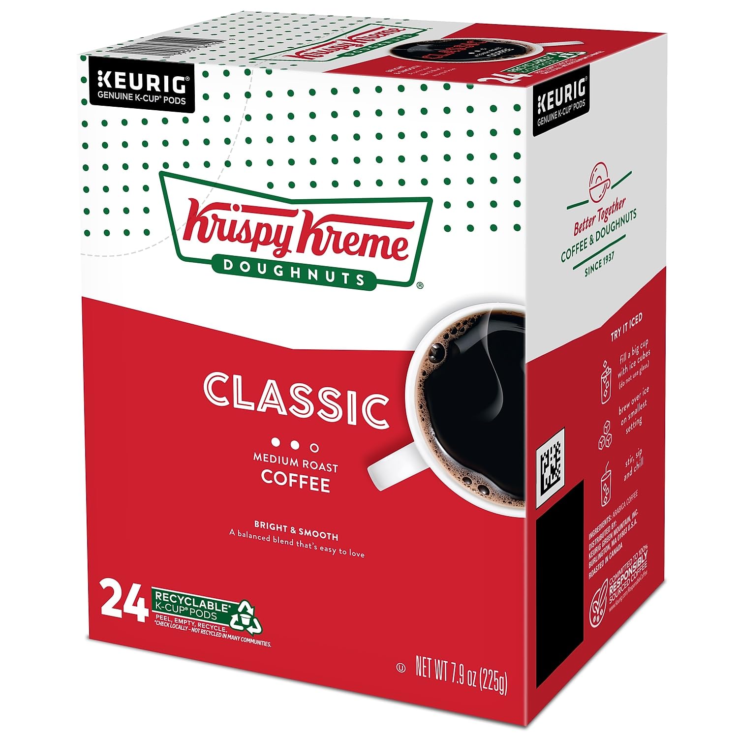 Krispy Kreme pod next to credit card for scale showing single‑serve convenience