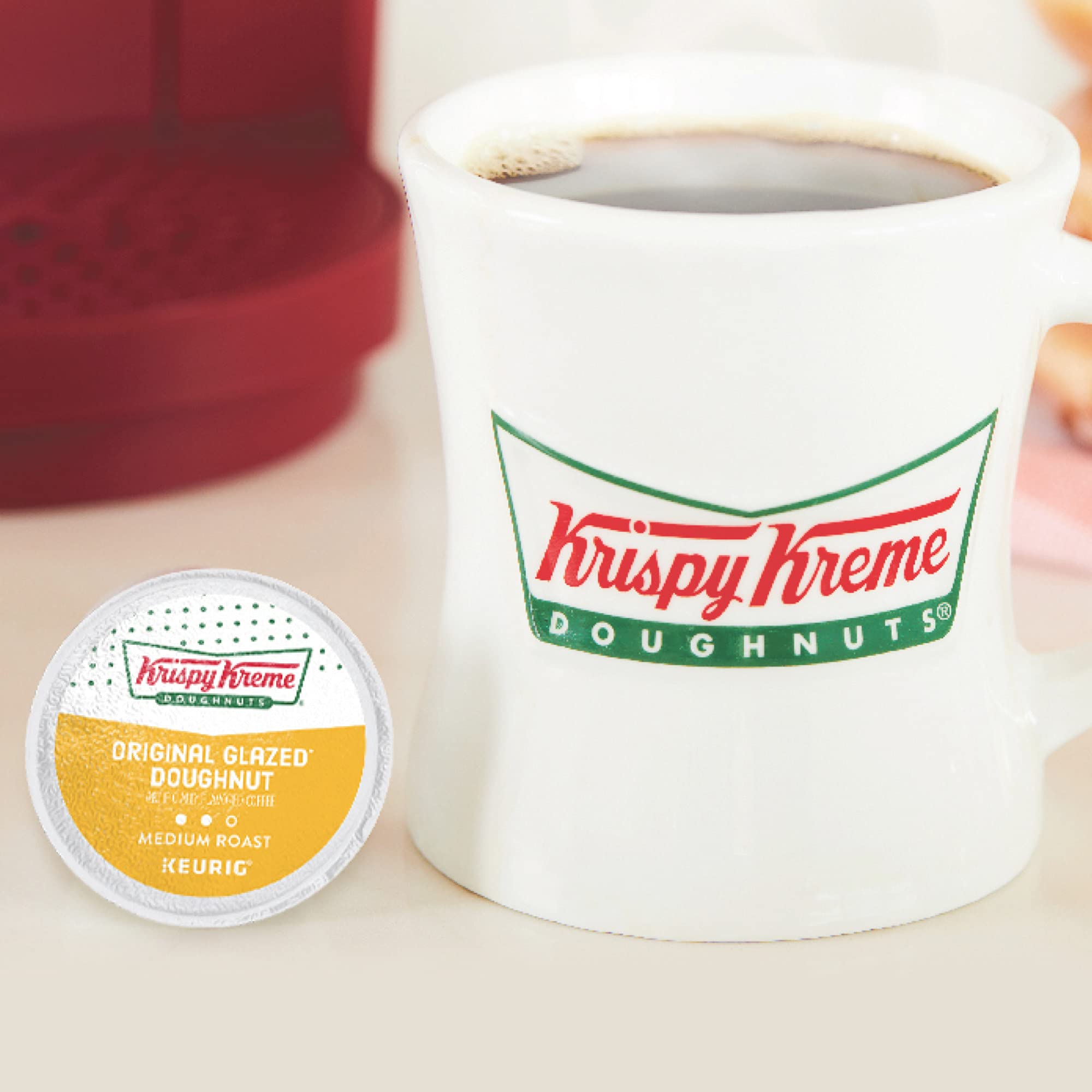 Krispy Kreme pod beside glazed doughnut to show flavor inspiration and scale