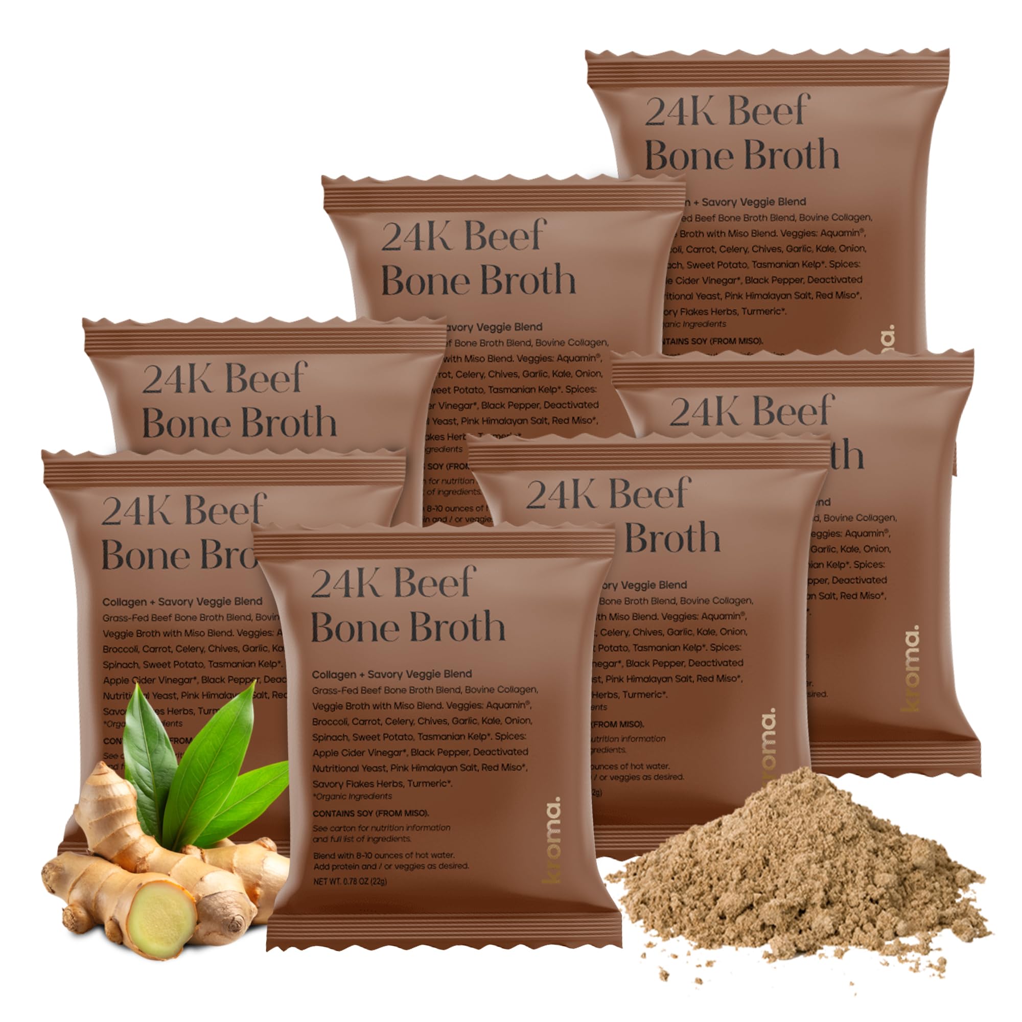 KROMA front packaging of 24K beef bone broth powder showing seven packets and nutrition benefits