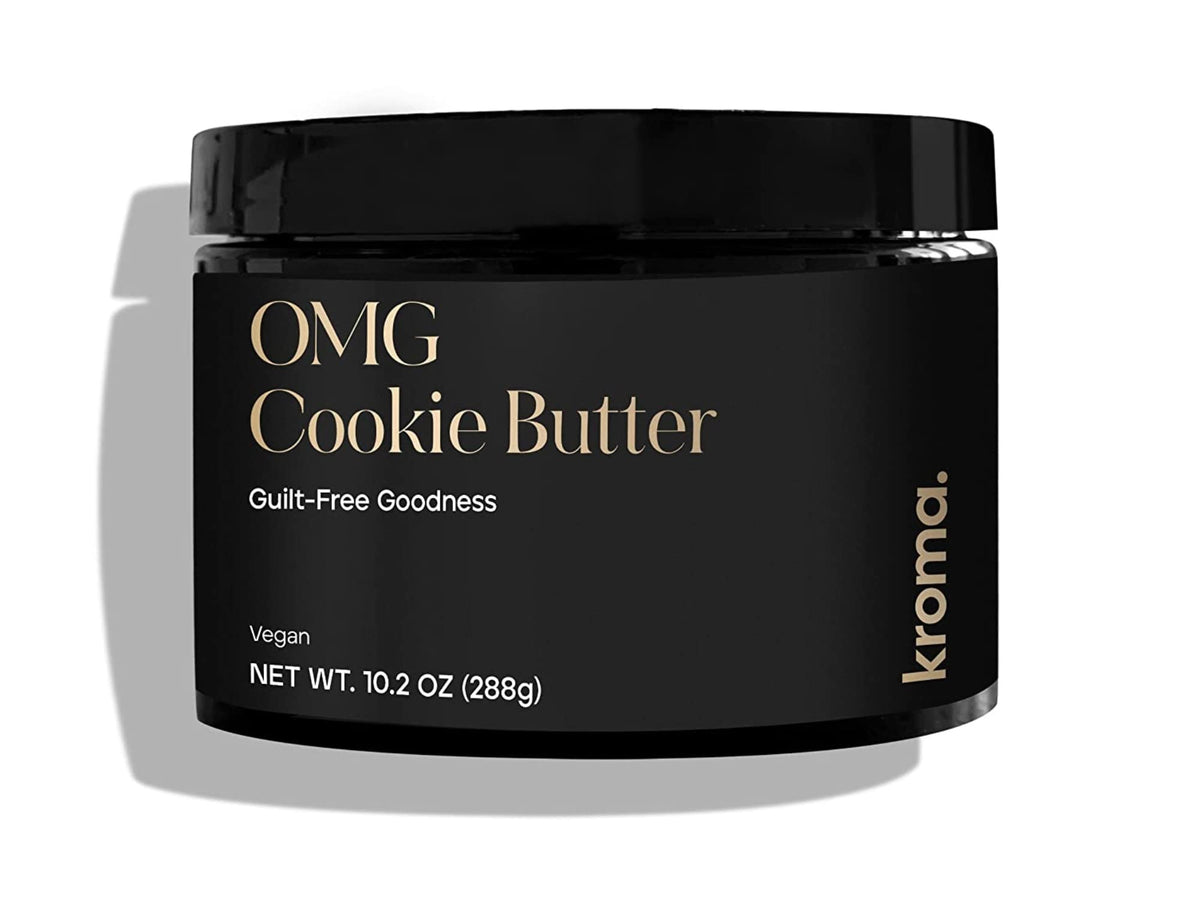 KROMA OMG Cookie Butter front jar showing label and 10.2 oz size, highlights clean ingredients