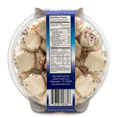 Krunchy Melts cookies held in hand illustrating size and convenient snack-portability benefit