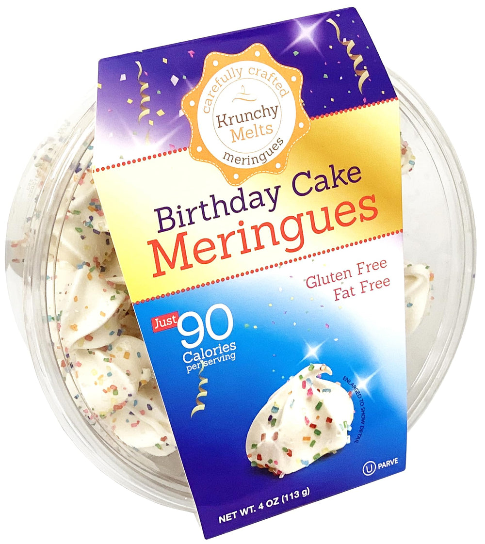 Krunchy Melts front packaging showing resealable 4 oz bag and birthday cake flavor benefit