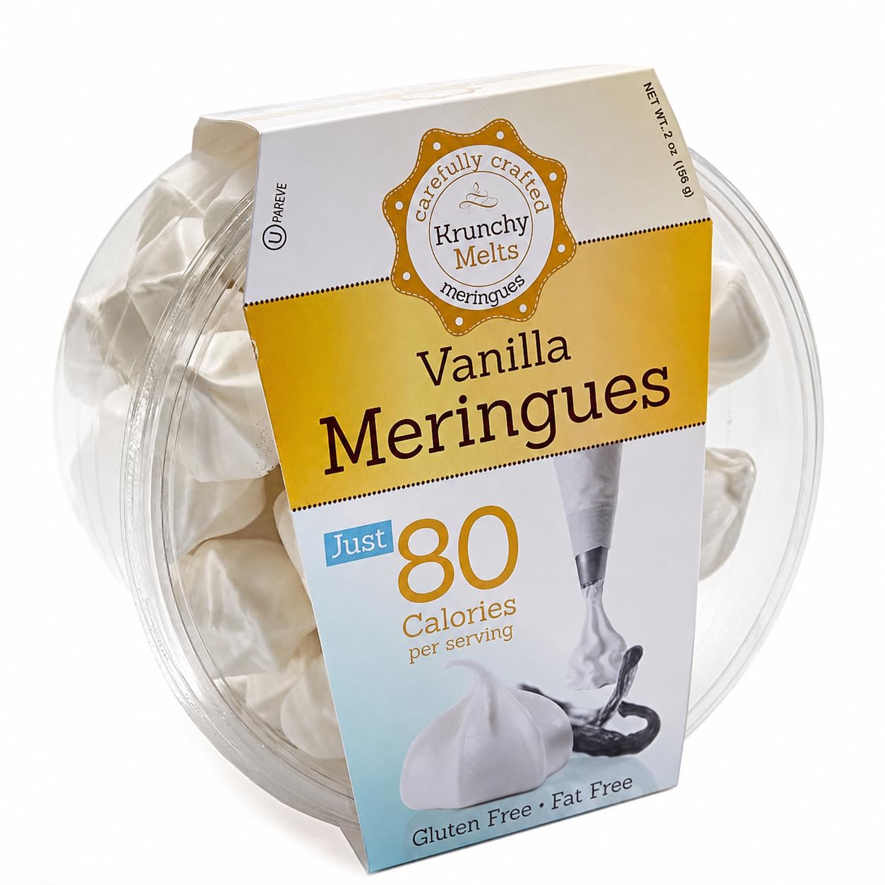 Krunchy Melts front packaging shows vanilla meringues and product branding benefit portability