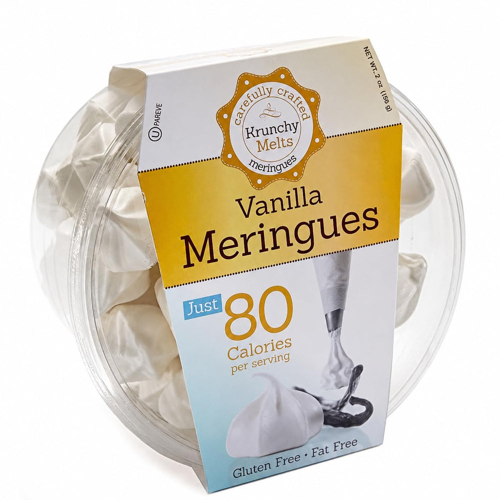 Krunchy Melts front packaging shows vanilla meringues and product branding benefit portability
