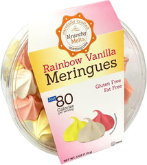 Krunchy Melts front packaging showing rainbow vanilla meringues and clear pouch benefit: easy display