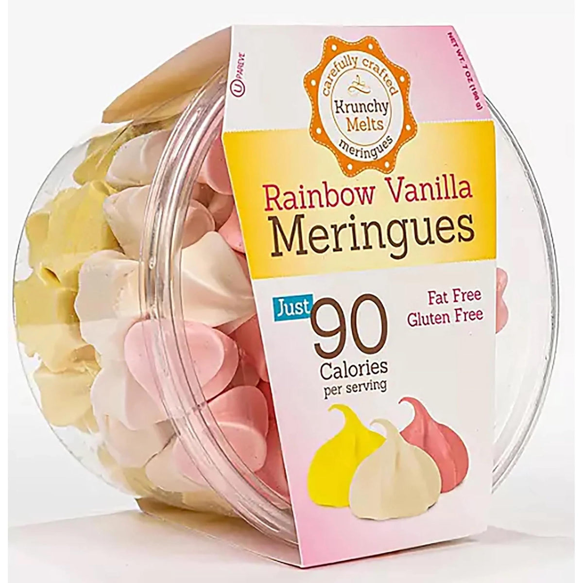 Krunchy Melts front packaging showing rainbow vanilla meringues and benefits